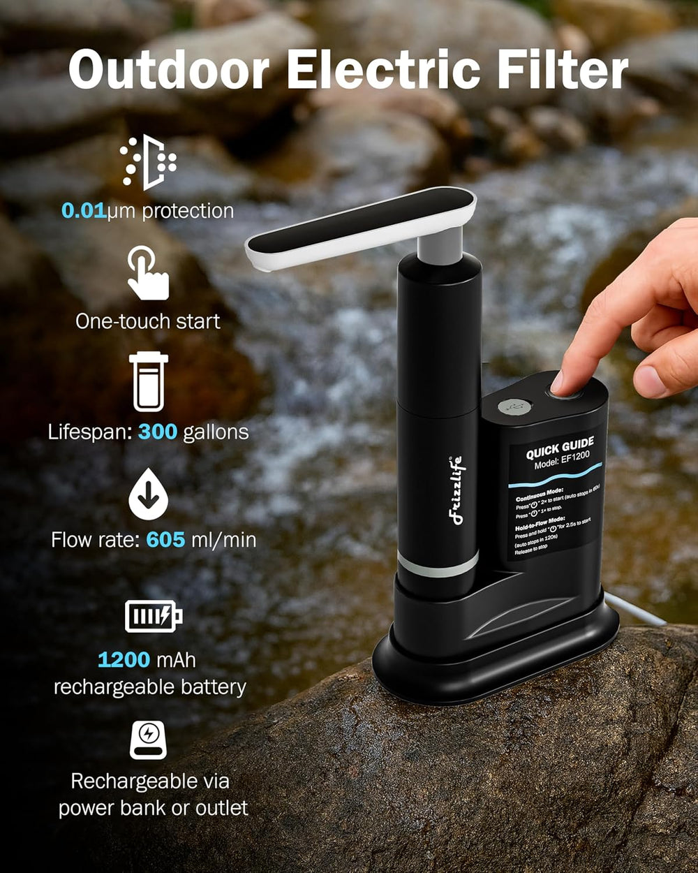 Frizzlife Electric Portable Water Filter for Camping & Emergency, Black