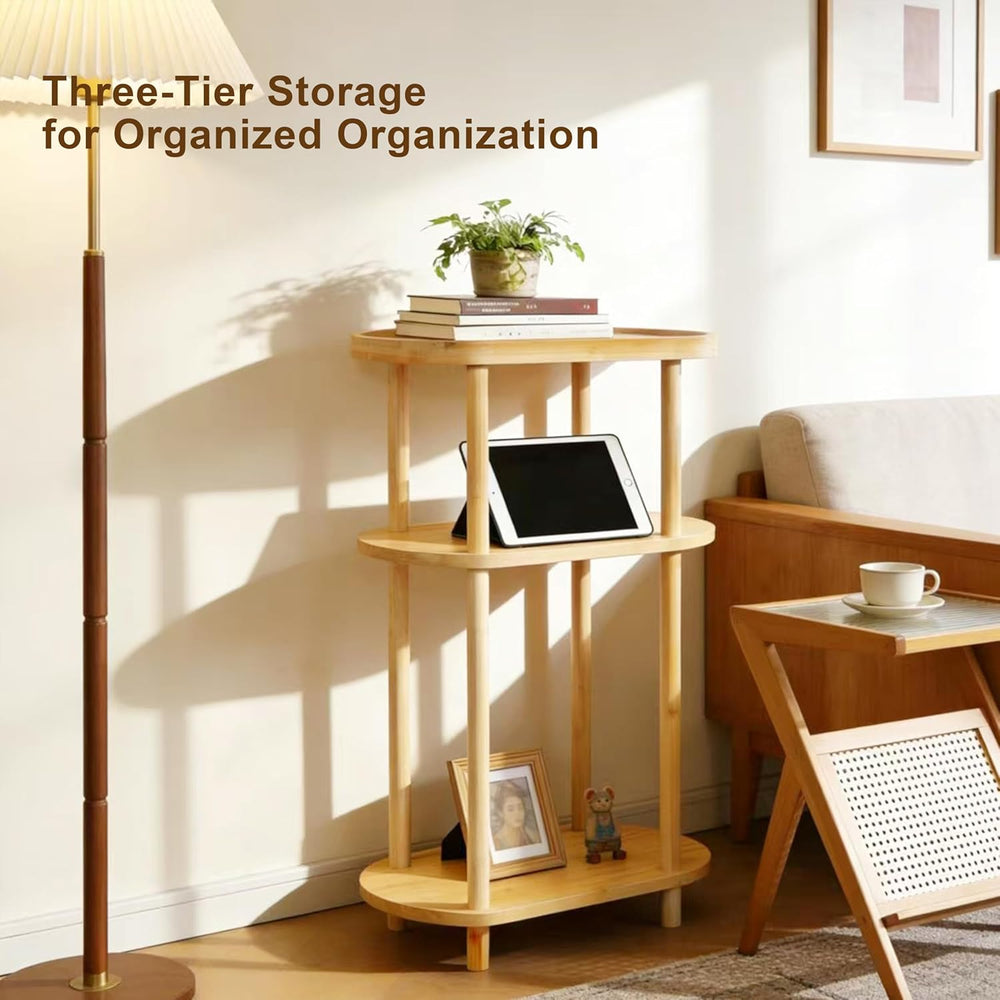 Side Table, Nightstand with Charging Station — Bamboo Narrow End Table with 3...