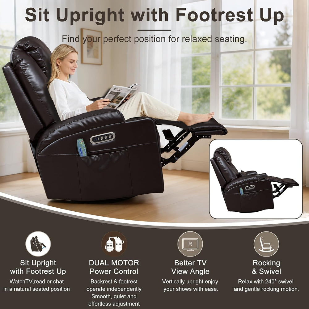 AHMED Dual Motor Power Swivel Rocker Recliner Chair, Faux Leather, Brown | El...