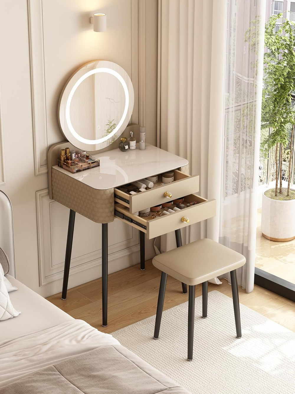 Small Vanity Desk with Mirror and Lights, 2 Drawers.(Beige) | 3 Color Lightin...