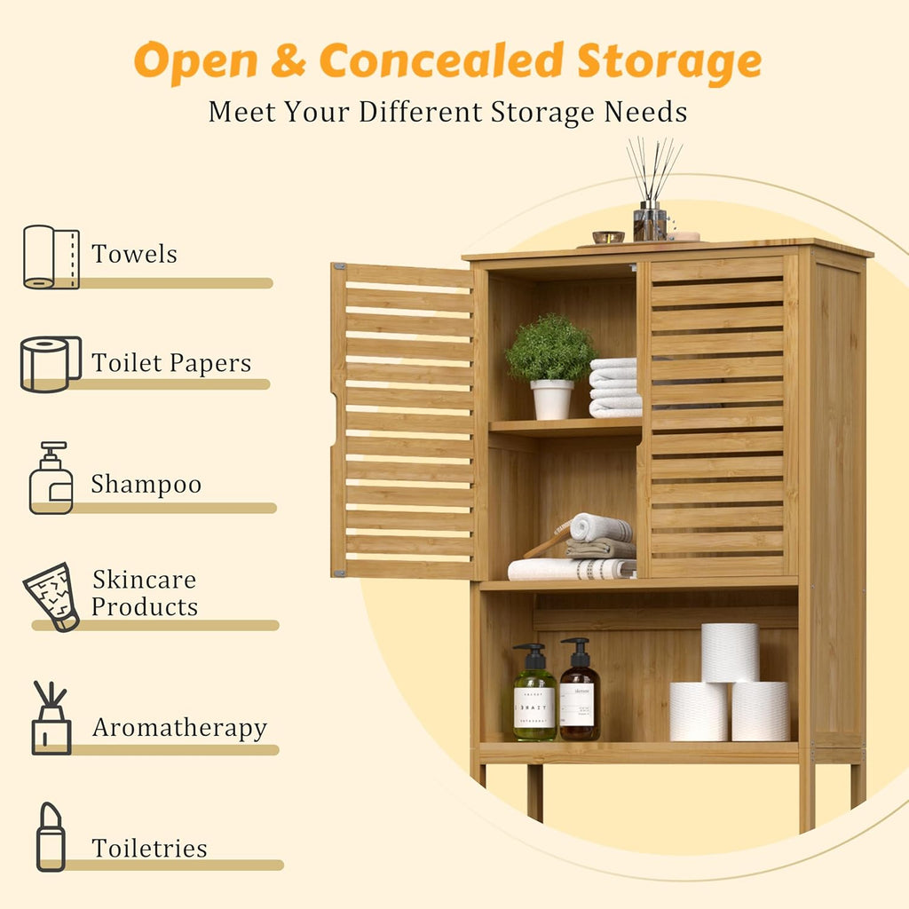 BlueWish Bamboo Over The Toilet Storage Cabinet, Over Toilet Cabinet with Anti-toppling Design, Adjustable Slats, Over-The-Toilet Storages, Bathroom Storage Cabinets for Bathroom, Laundry
