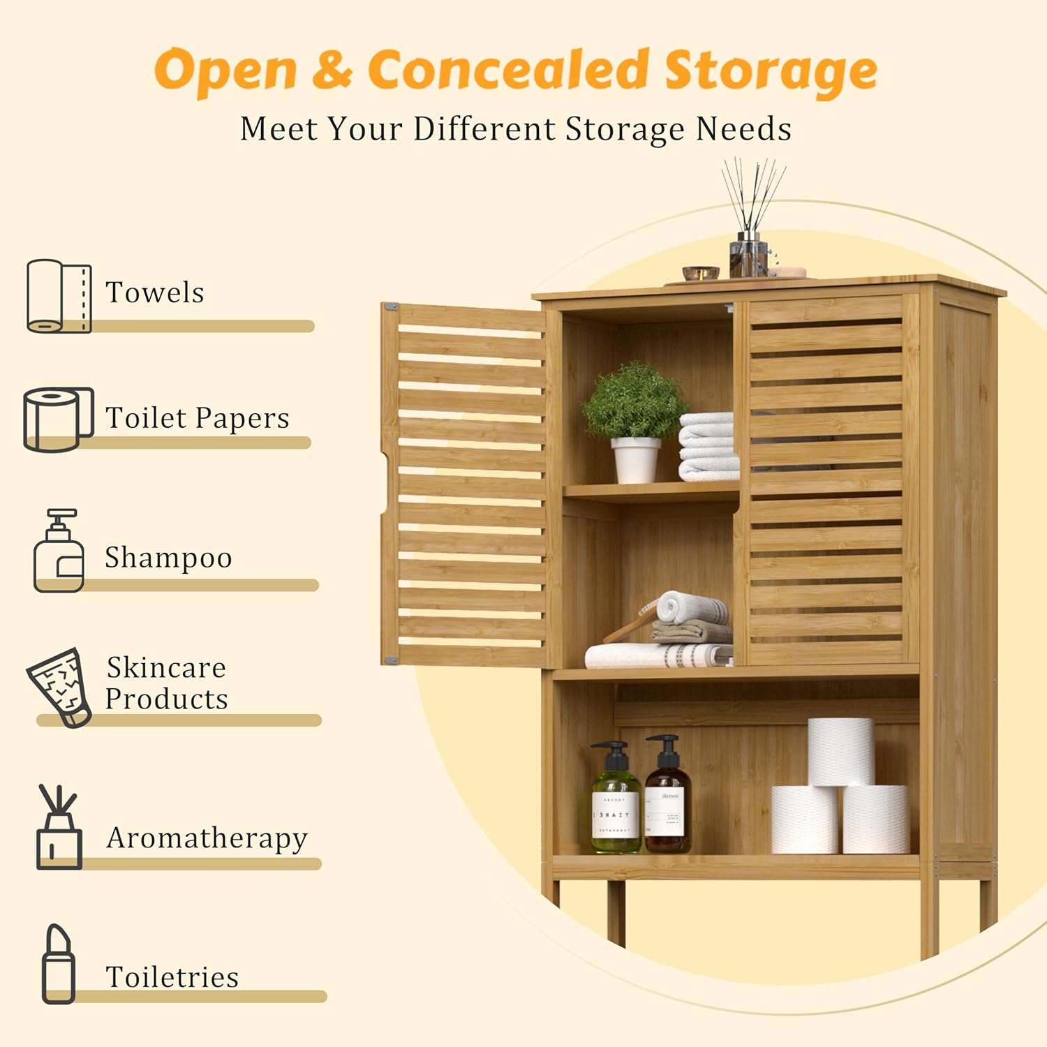 BlueWish Bamboo Over The Toilet Storage Cabinet, Over Toilet Cabinet with Anti-toppling Design, Adjustable Slats, Over-The-Toilet Storages, Bathroom Storage Cabinets for Bathroom, Laundry