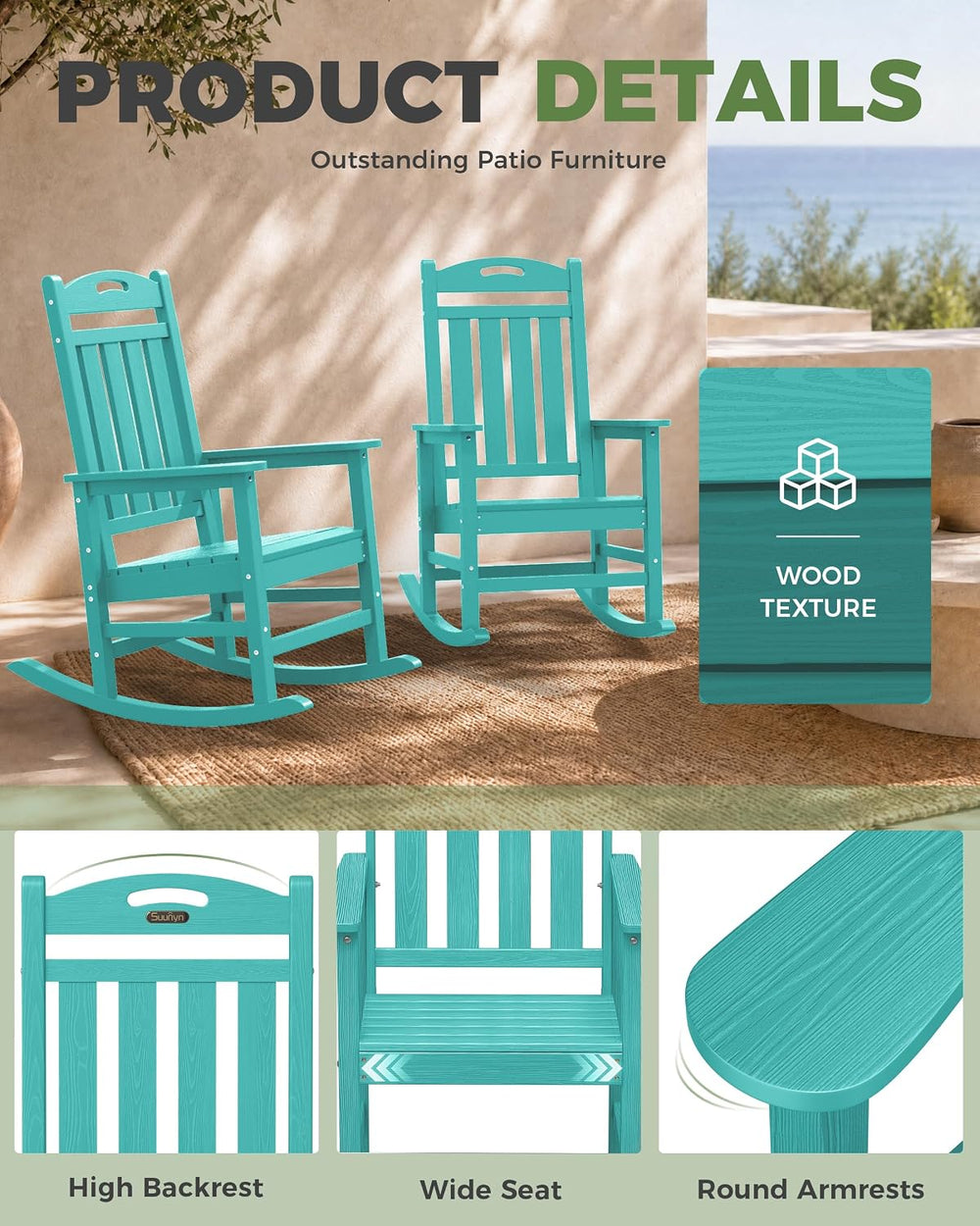 Oversized Outdoor Rocking Chair, High Back Porch Rocker Chair, HDPE All Weath...