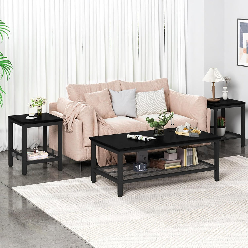 AWQM Coffee Table Set of 3, Industrial Coffee Table with 2 Square End Side Ta...