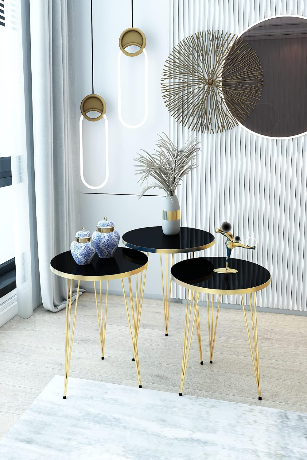Set of 3 High Gloss Black Gold Legs Nesting End Tables Round Wood Stacking Co...