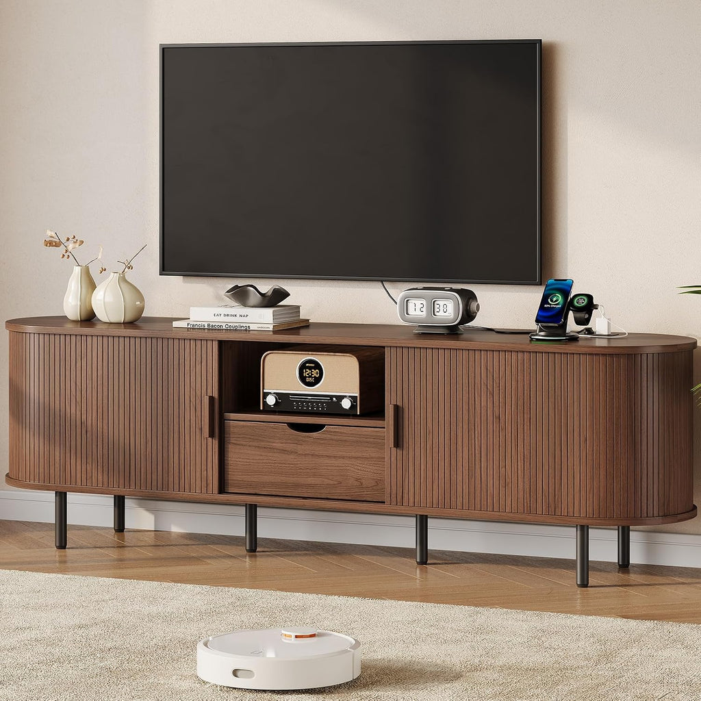 69" TV Stand with Power Outlet for TVs up to 75 Inch, Fluted Media Console | Mid-Century Modern Walnut Entertainment Center with Storage Drawer, Sliding Door and Adjustable Shelves for Living Room