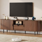 69" TV Stand with Power Outlet for TVs up to 75 Inch, Fluted Media Console | Mid-Century Modern Walnut Entertainment Center with Storage Drawer, Sliding Door and Adjustable Shelves for Living Room