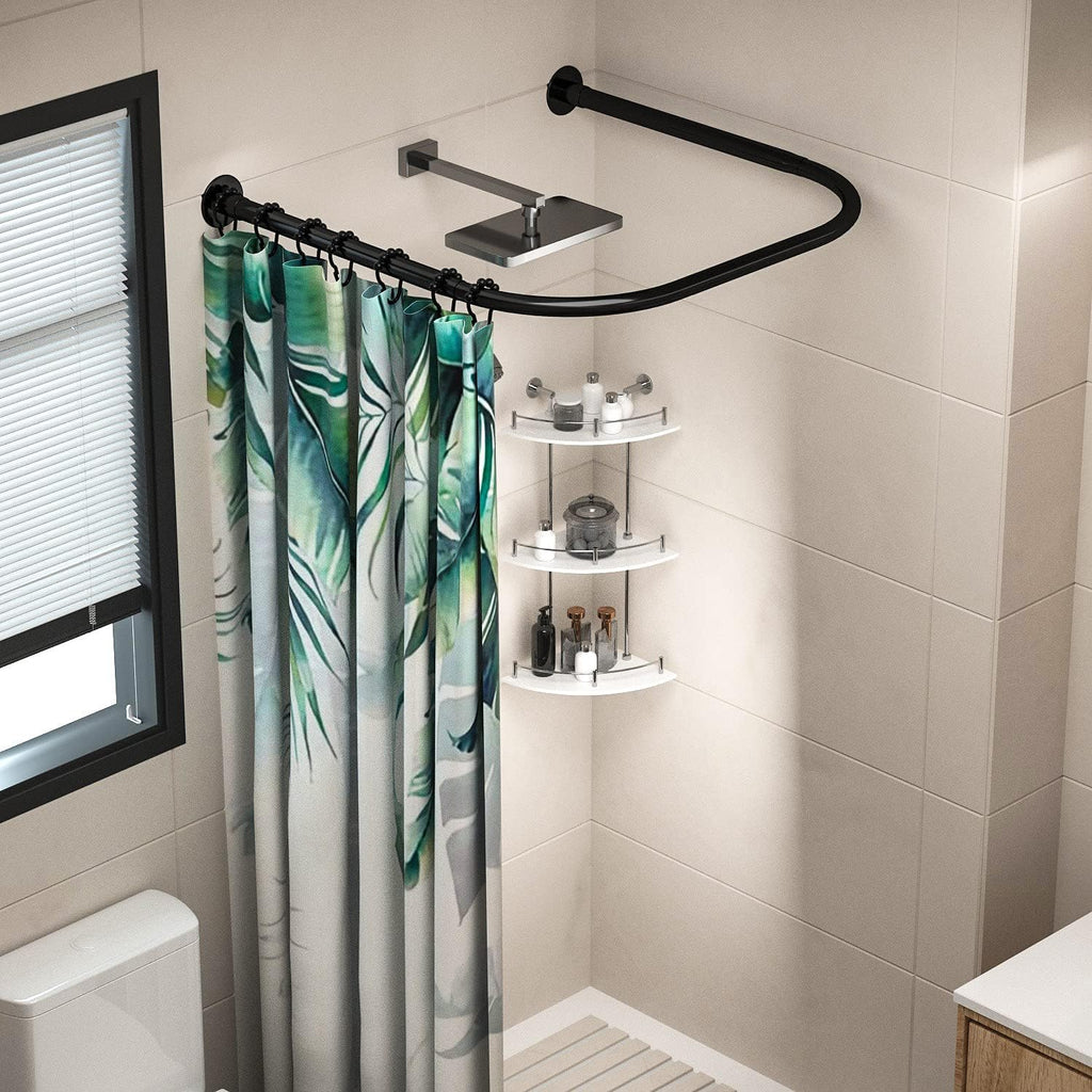 U Shower Curtain Rod Adjustable Stainless Steel U Shaped Rack Drill Free Install for Bathroom, Bathtub, Clothing Store (Black U Shaped, Length on both sides:31.5"-47",Middle width:34.7"-43")