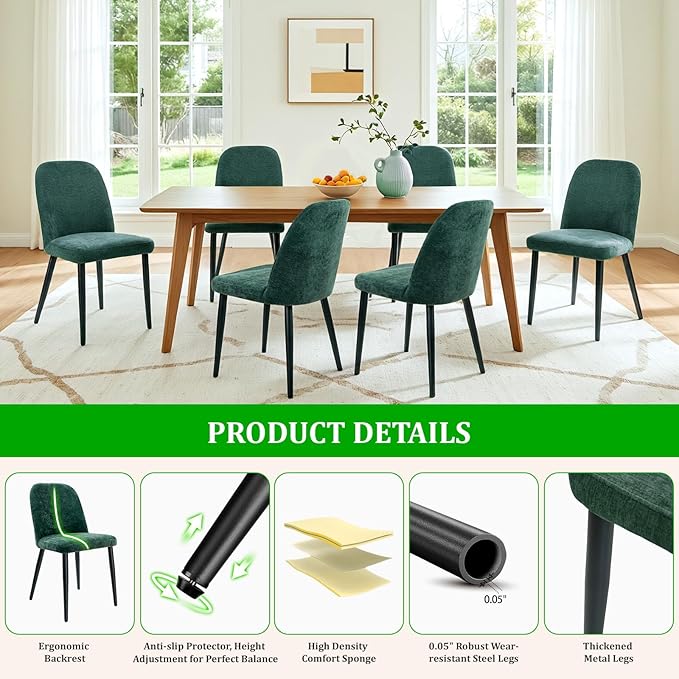 Upholstered Dining Chairs Set of 8 Modern Kitchen Chairs Chenille Fabric Dining Room Chairs High-Back Padded Dining Chairs with Metal Legs for Kitchen Dining Room Restaurant Cafe Hotel, Green