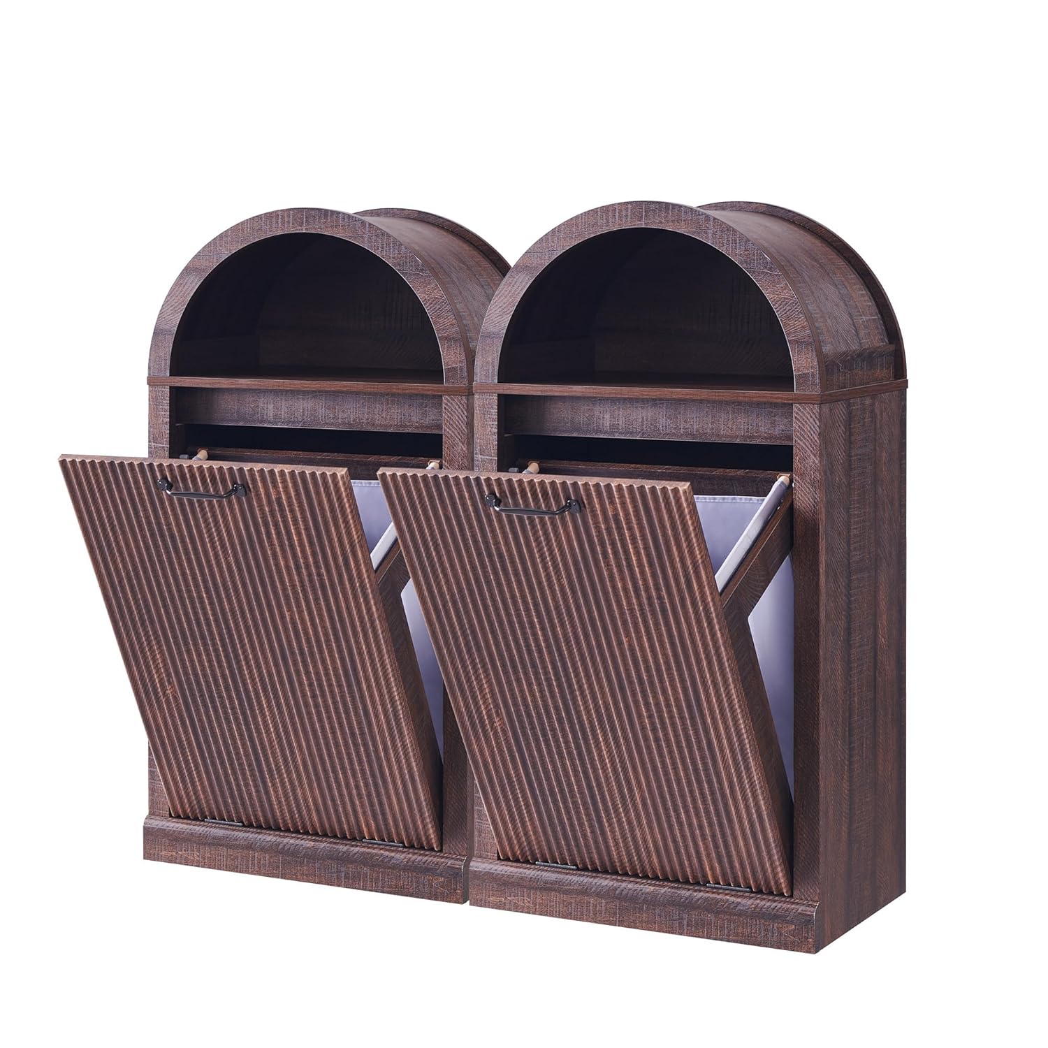 Arched Tilt-Out Trash Can Cabinet, Fluted 10 Gallon Trash Can Cabinet Set of 2, Modern Laundry Hamper, Hidden Garbage with Storage Basket for Kitchen, Living Room, Brown