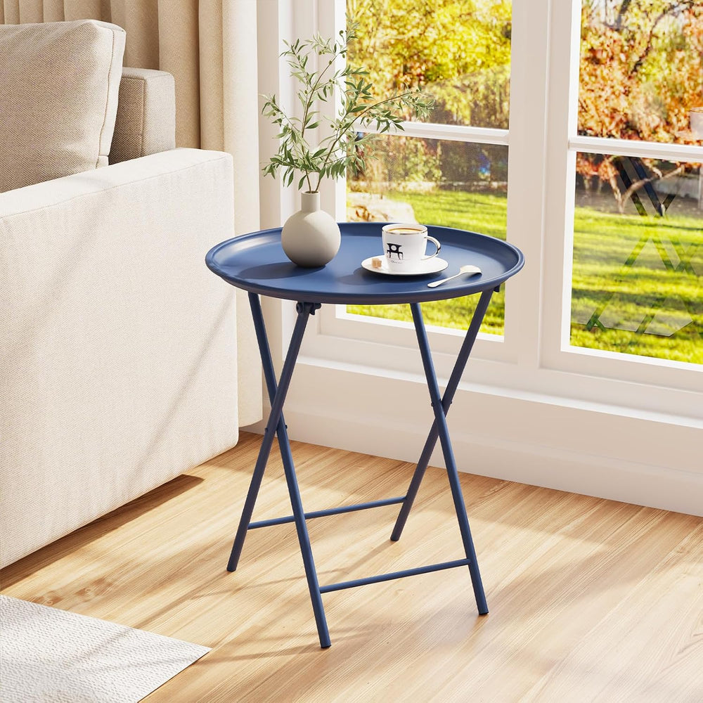 Garden 4 you Folding TV Tray Table, Metal Round Side Table, Blue Dinner Table...