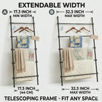 Blanket Ladder Black Expandable Width (17.3-32.3 inch) 5.4 Ft Tall 5 Rungs Metal Quilt Holder Rack Wall Leaning Strong Load Capacity, Modern Farmhouse Decor Easy Assembly for Living Room,Bedroom