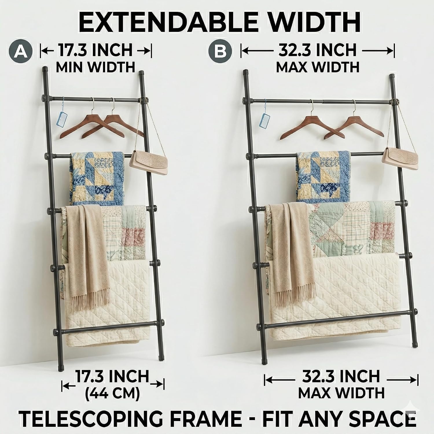 Blanket Ladder Black Expandable Width (17.3-32.3 inch) 5.4 Ft Tall 5 Rungs Metal Quilt Holder Rack Wall Leaning Strong Load Capacity, Modern Farmhouse Decor Easy Assembly for Living Room,Bedroom