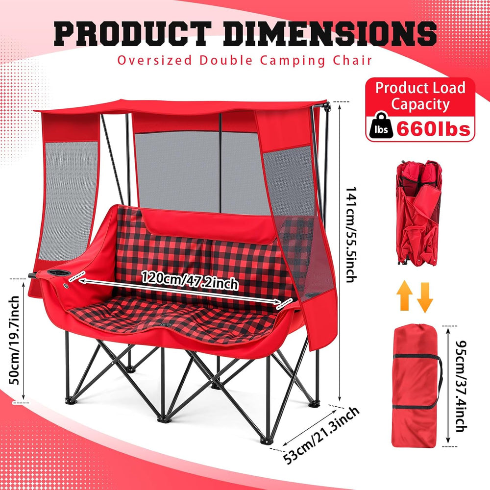 Teenyyou Double Camping Chair with Canopy - 2 Person Beach Chair with UV Sun ...