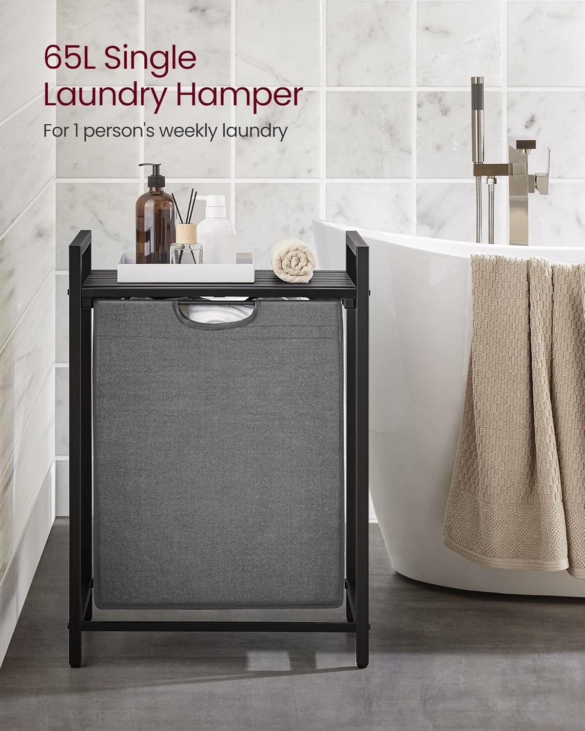 VASAGLE Laundry Hamper, Laundry Basket, Laundry Sorter with A Pull-Out and Removable Bag, Shelf, Metal Frame, 17.2 Gallons (65 L), 19.7 x 13 x 28.4 Inches, Gray and Black UBLH101G01