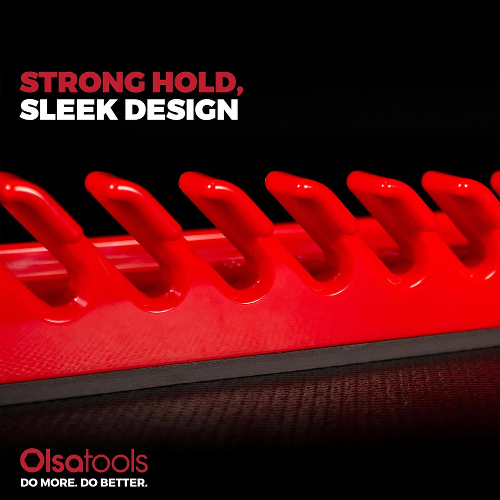 Olsa Tools Magnetic Wrench Organizer, Red - 15 Slot Wrench Holder - SAE and Metric Magnetic Wrench Rack - Rubberized Scratch Free Base - Wall or Toolbox Mountable Wrench Storage - Part: 1877