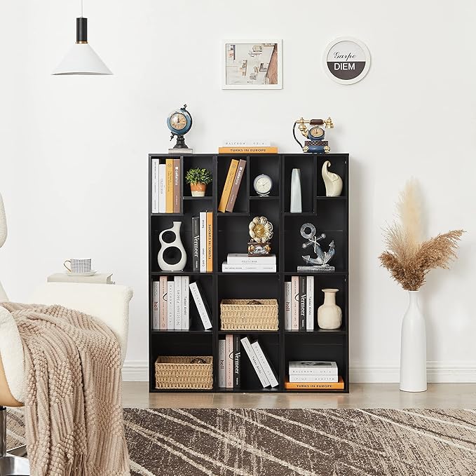 VECELO 4-Tier Slim Bookcase, Modern Storage Cabinet, Slim Bookshelf, Fits Tallest Hardcover, 5 Cubes, Vertical or Horizontal, Easy Assembly, Black