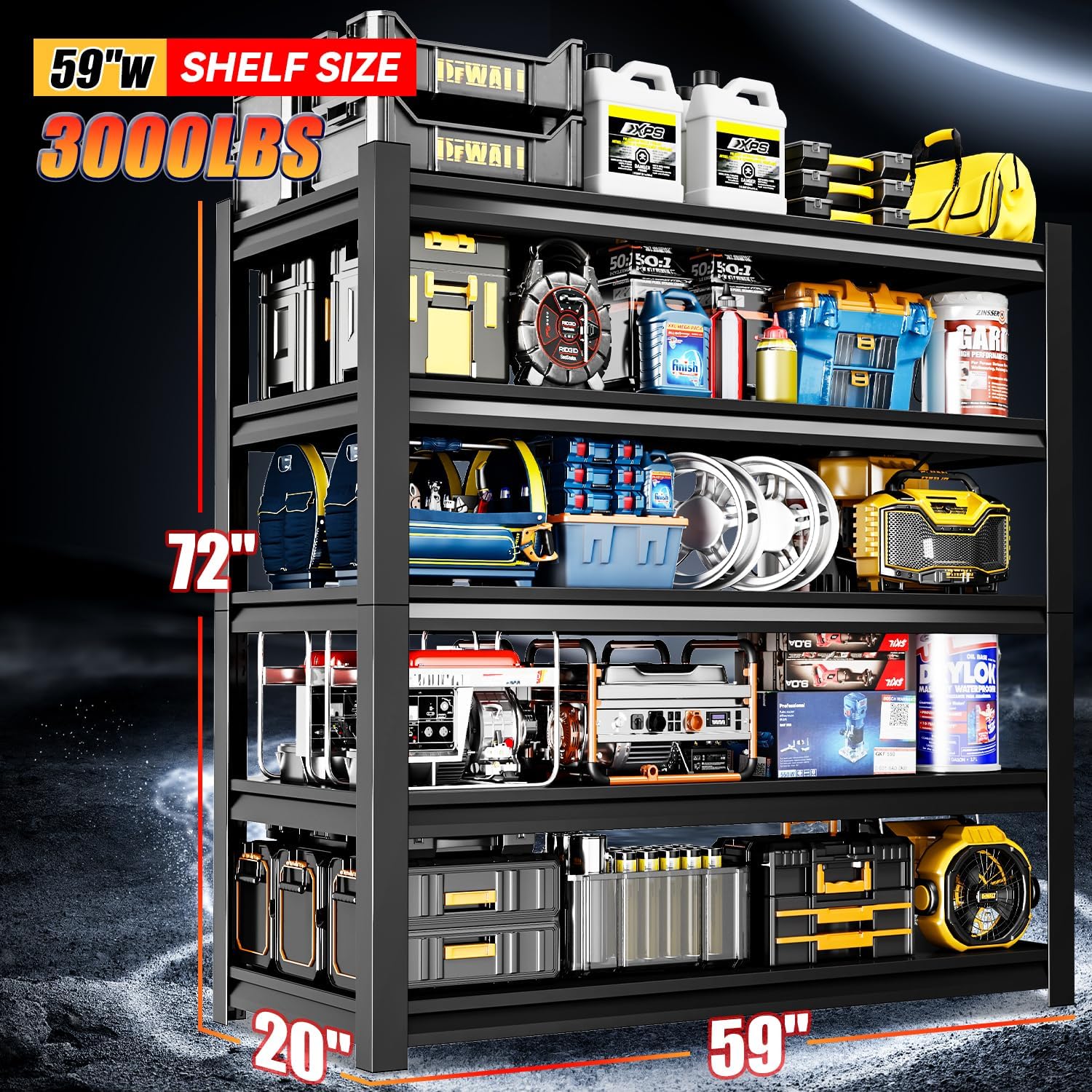 59" W Garage Shelving,5-Tier Heavy Duty Shelving Unit,3000LBS Adjustable Metal Storage Shelves,Storage Rack Units for Industrie,Shed,Warehouse,Basement,Black,59" W x 20" D x 72" H