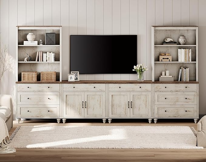 WAMPAT Entertainment Center with Bookshelves for TVs up to 75", Farmhouse Wall Unit TV Stand with Doors & Drawer, Media Console Table for Living Room, Bedroom & Home Theater, Rustic White