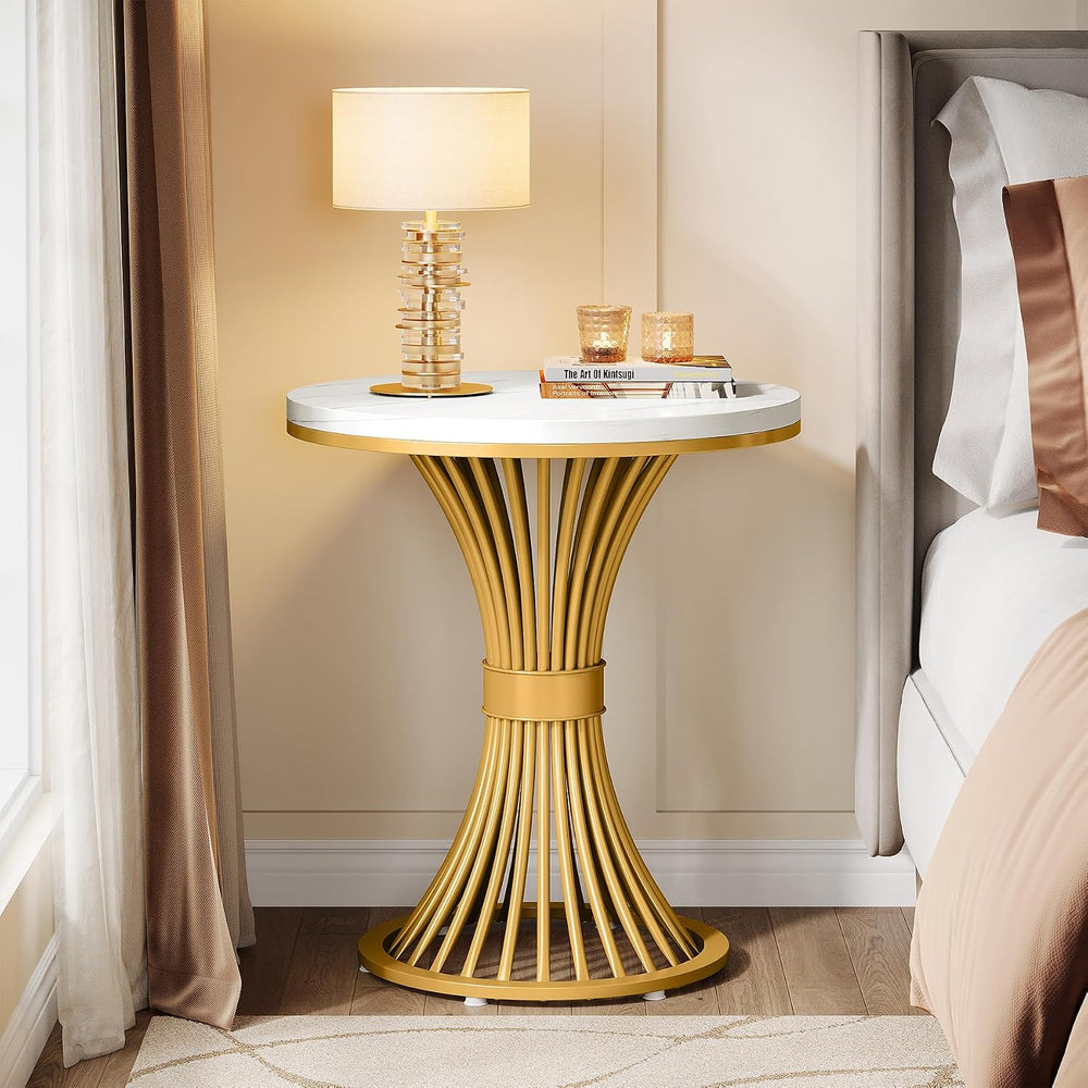 Tribesigns Round End Table, Modern Faux Marble Side Table with Gold Metal Bas...