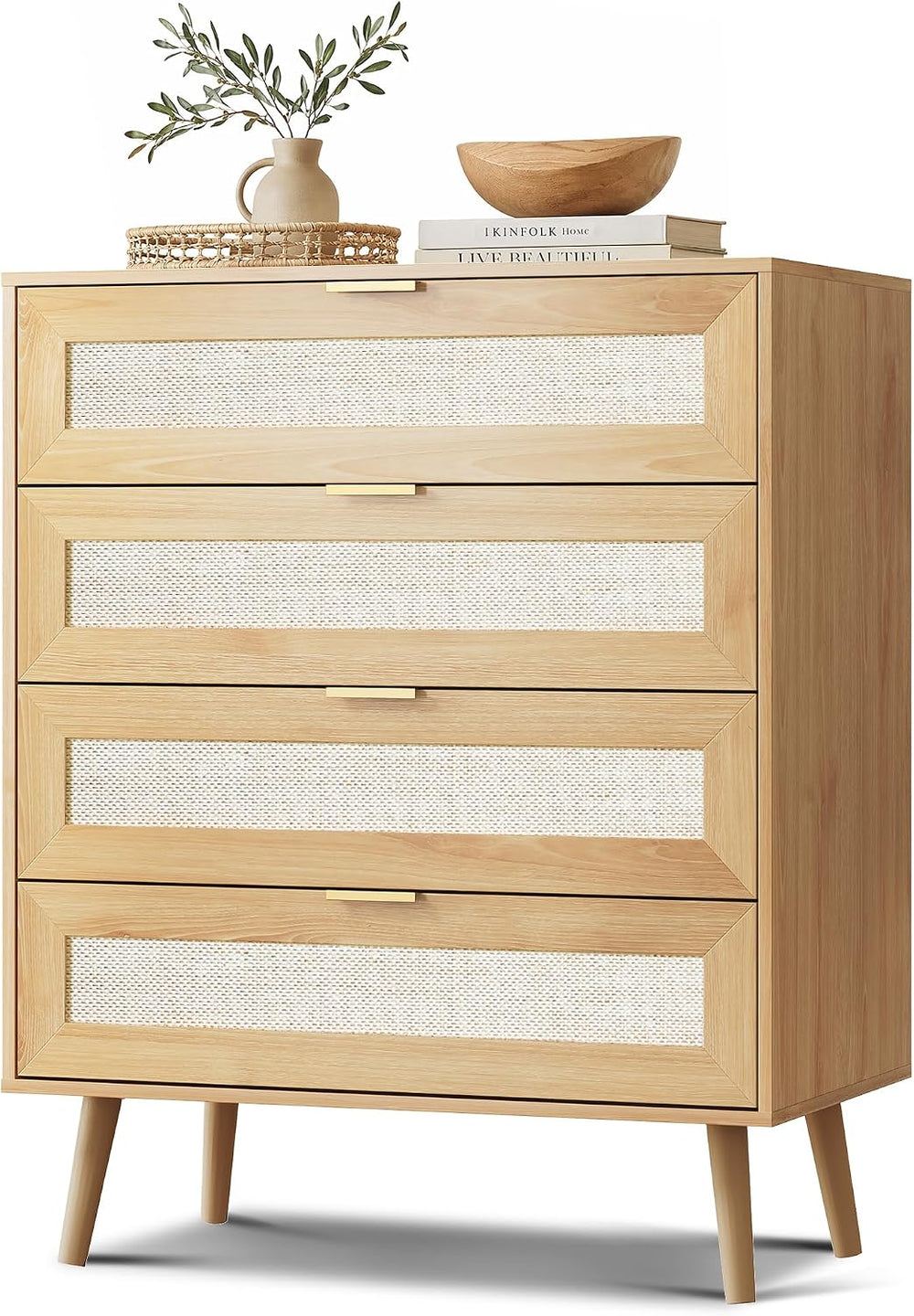 Rattan TV Stand, 4-Drawer Wooden Boho Media Console with Gold Metal Handles, ...