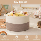 OIAHOMY 90L XXXLarge Blanket Basket for Living Room, 21.7" x 13.8" Woven Cotton Rope Laundry Basket for Organizing Pillows, Decorative Stuffed Animal Toy Storage for Nursery, White and Linen Brown