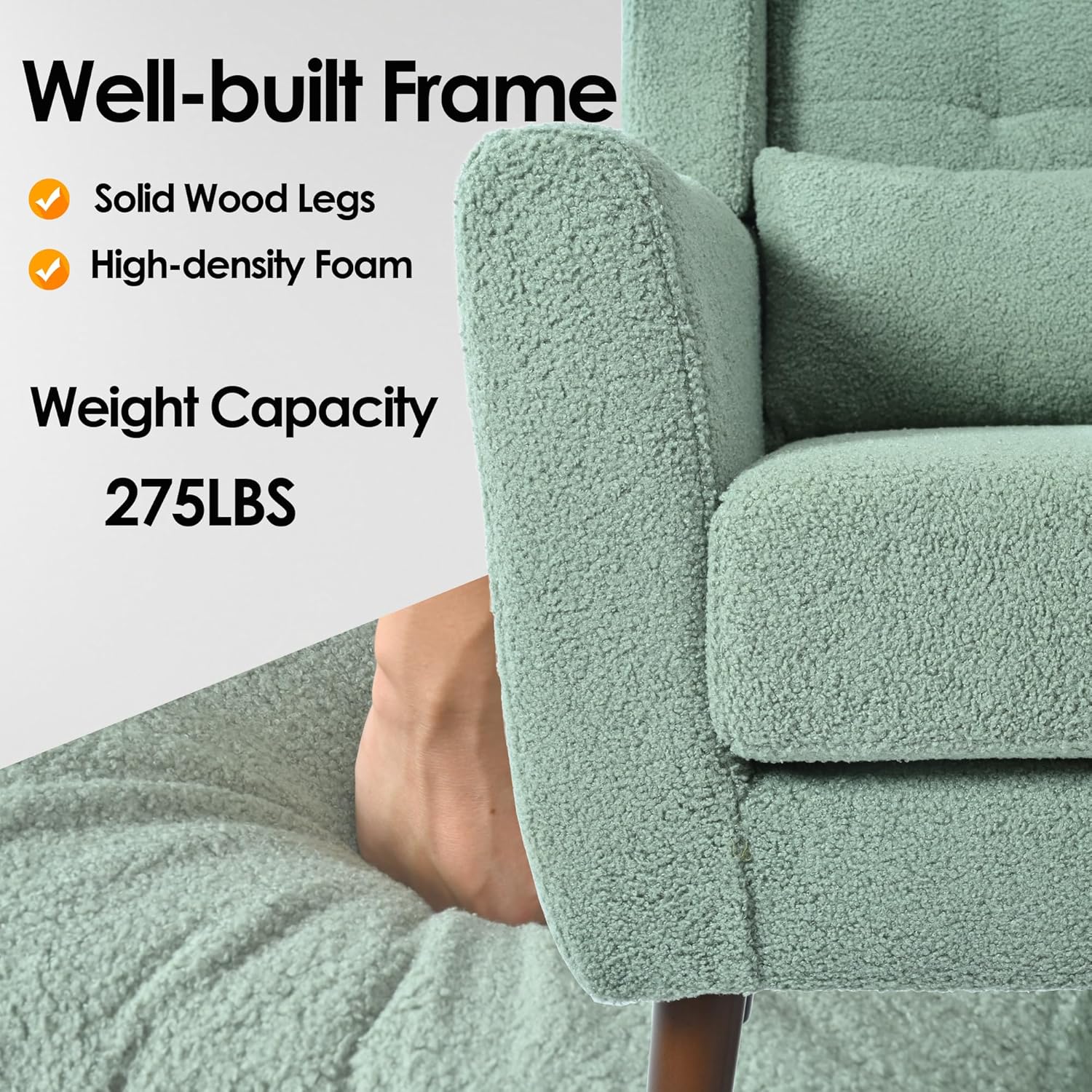 Dolonm Accent Chair for Living Room, Mid-Century Arm Chair, Comfy Upholstered Reading Armchair with Pillow Backrest for Bedroom, Mordern Lounge Chair Solid Wood Leg (Light Green)