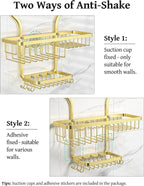 YASONIC Shower Caddy Over Shower Head Never Rust Aluminum Large Hanging Shower Caddy with 10 Hooks for Razor/Sponge - Over The Shower Head Caddy with Soap Basket - Hanging Shower Organizer Gold