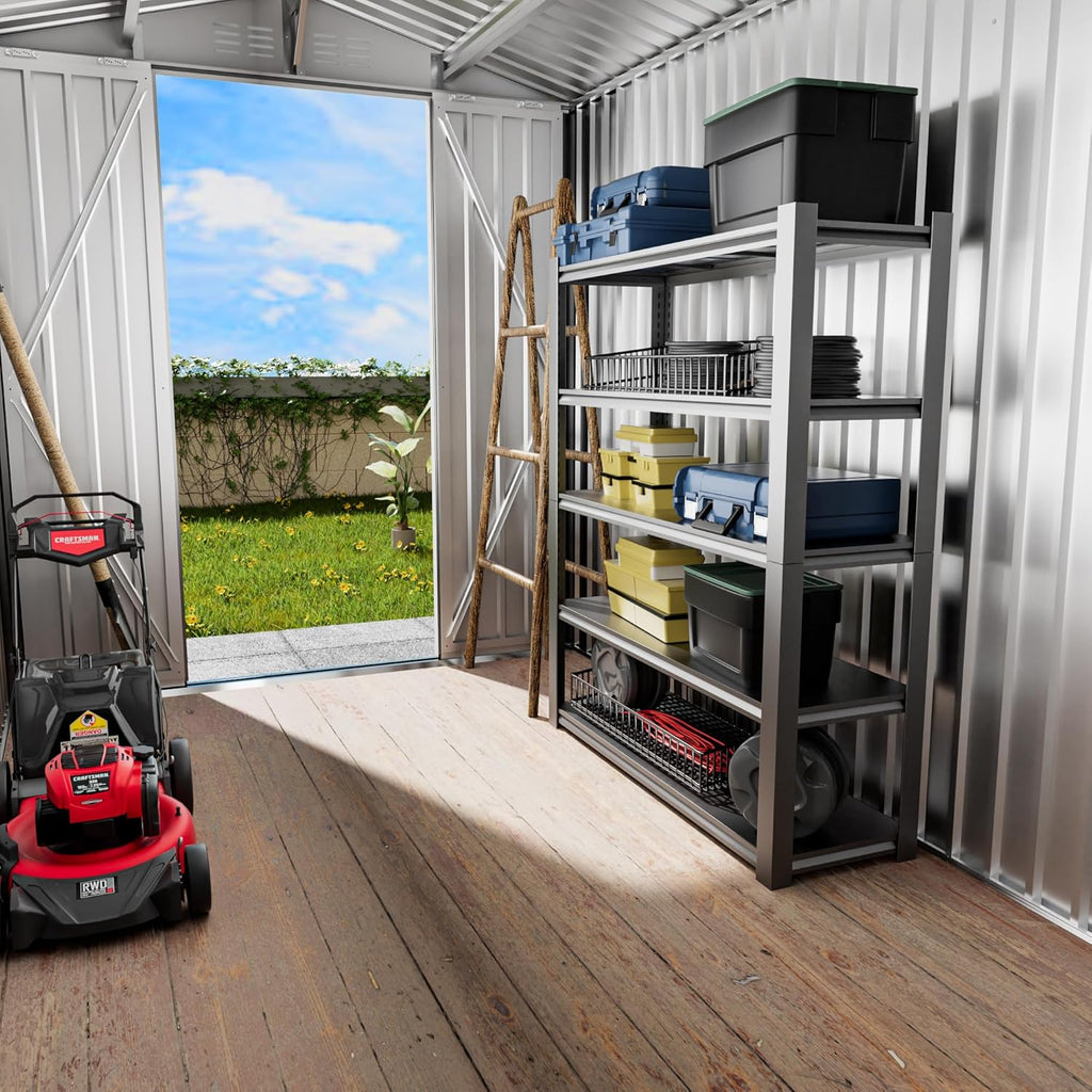 6x9ft Outdoor Metal Storage Shed Waterproof Garden Shed with Lockable Door, Windows & Vents, Tool Metal Storage for Patio Furniture Lawnmower（Grey）