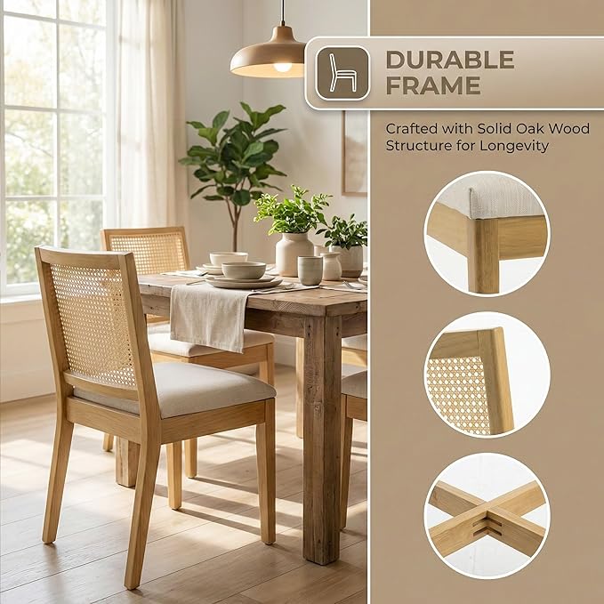 HNY Farmhouse Rattan Dining Chairs Set of 2, Mid Century Modern Kitchen & Dining Room Chairs, Cane Upholstered Kitchen Side Chair with Natural Hardwood Frame, Beige
