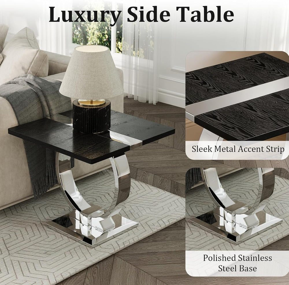 Asday End Table Set of 2, Luxury Side Table Set, Black and Chrome End Table w...