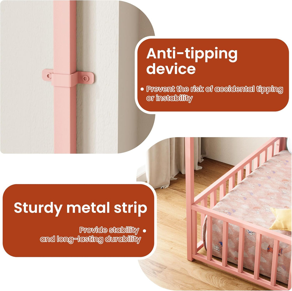 LIKIMIO Twin Floor Bed with Roof and Fence Guardrails, Pink