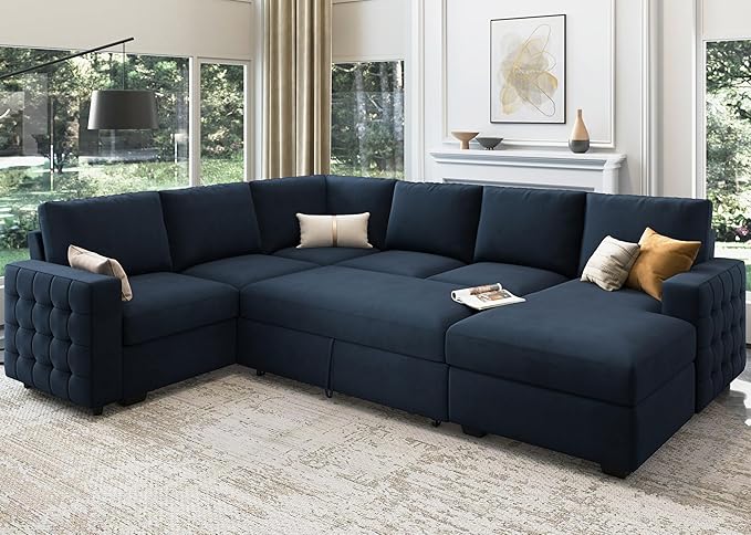HONBAY Sectional Sleeper Sofa with Pull Out Bed U-Shape Sectional Couch Sleeper Bed with Storage Chaise Lounge Living Room 6 Seater Sectional Sofa,Velvet Dark Blue