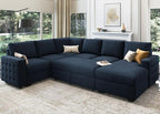 HONBAY Sectional Sleeper Sofa with Pull Out Bed U-Shape Sectional Couch Sleeper Bed with Storage Chaise Lounge Living Room 6 Seater Sectional Sofa,Velvet Dark Blue