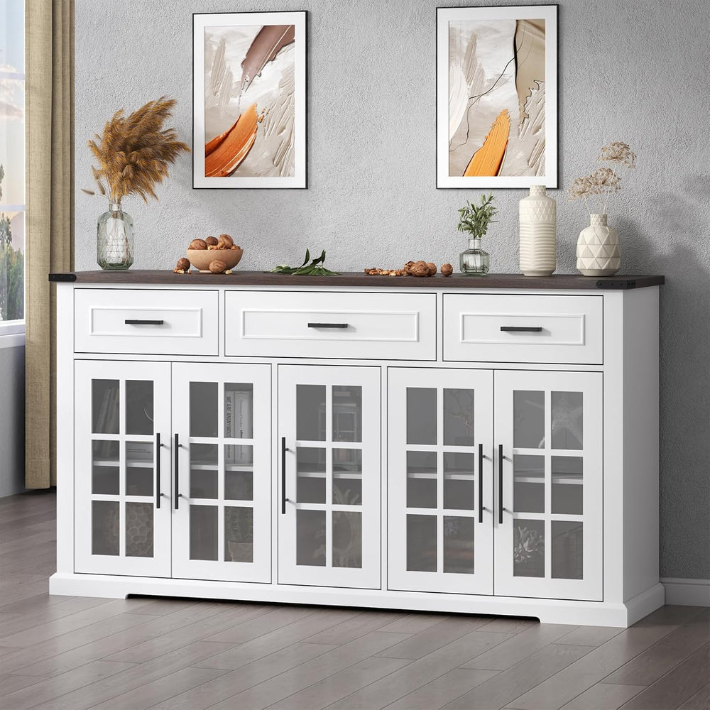 63" Buffet Cabinet with Glass Doors, Farmhouse Sideboard with 3 Drawers