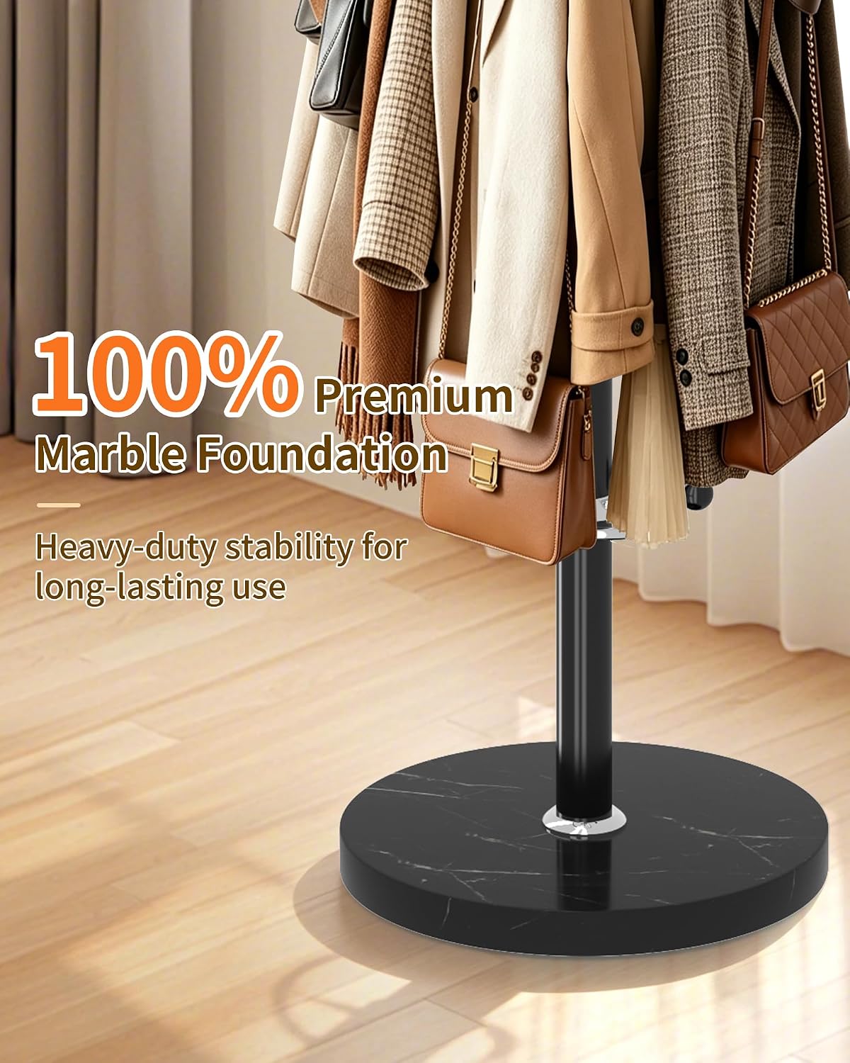 Metal Coat Rack, Modern Coat Rack Stand, 360°Rotary Coat Tree Stand | Heavy Duty Coat Rack Freestanding with Natural Marble Base, Black Clothes Tree Hanger Stand with 14 Hooks & Umbrella Holder