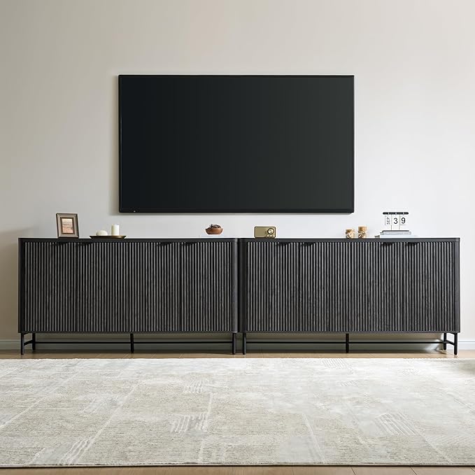 65" Buffet Cabinet with Storage, Fluted Credenza Sideboard with 4 Doors & Adjustable Shelves, Large Coffee Bar Console Table for Dining Room, Living Room, Entryway, Black Grey