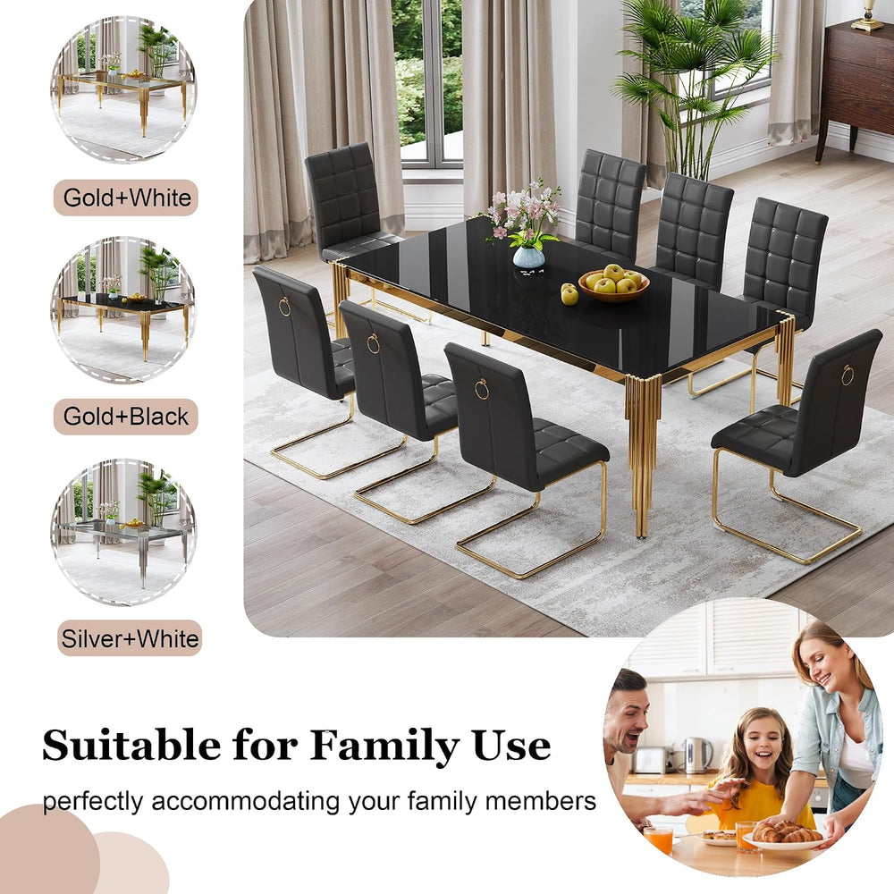 80" Large Glass Dining Table, Modern Rectangle Kitchen Table with Gold S...