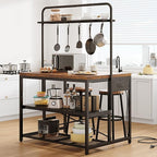 46" Large Kitchen Island Table Baker Rack with Power Outlet and 3-Tier Storage-Microwave Stand Oven Shelf, Metal Coffee Bar Table,Kitchen Storage Shelf for Dining Living Room, 5 Hooks,Vintage
