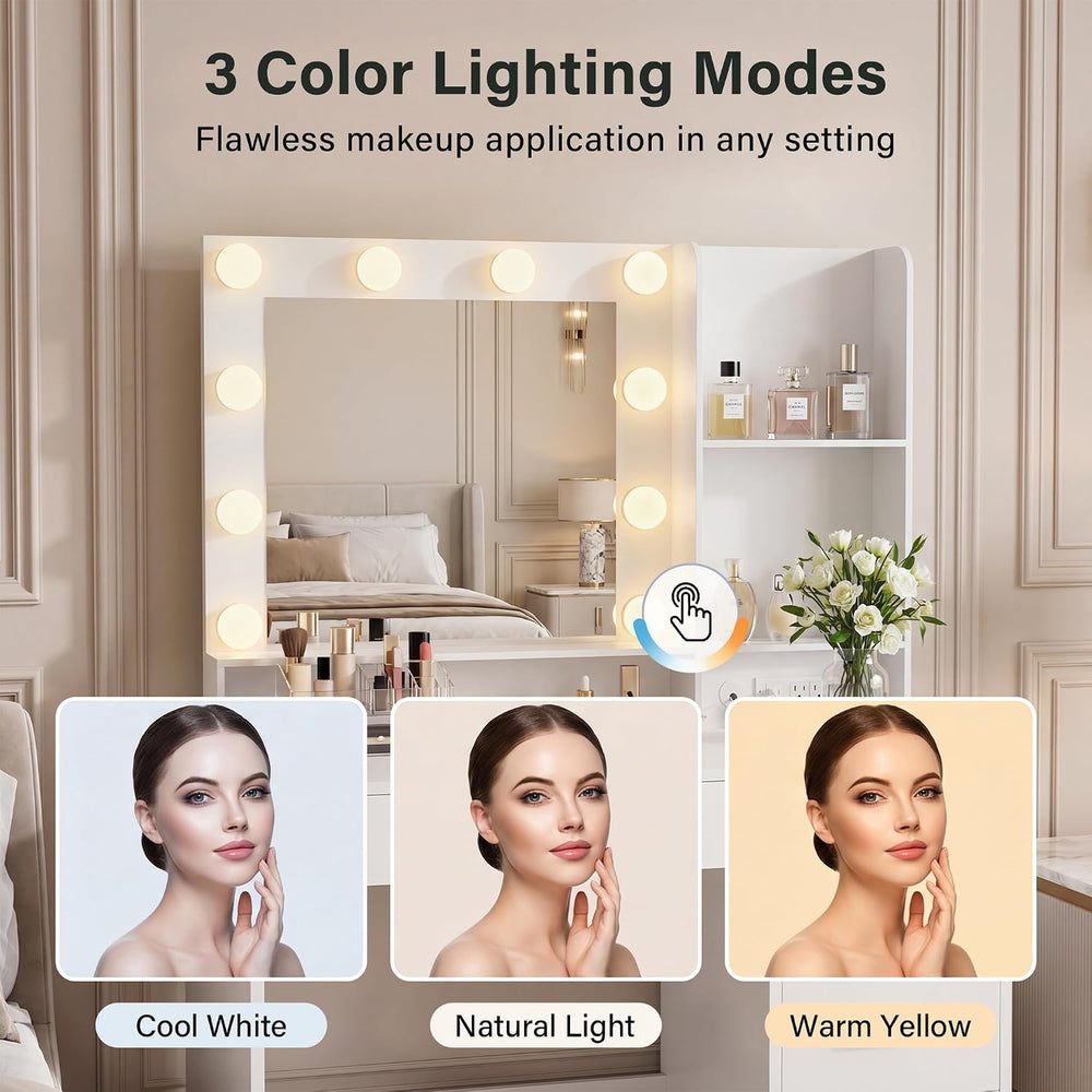 YESHOMY 39 Inch Vanity Desk with Mirror and LED Lights, Modern White | Makeup...