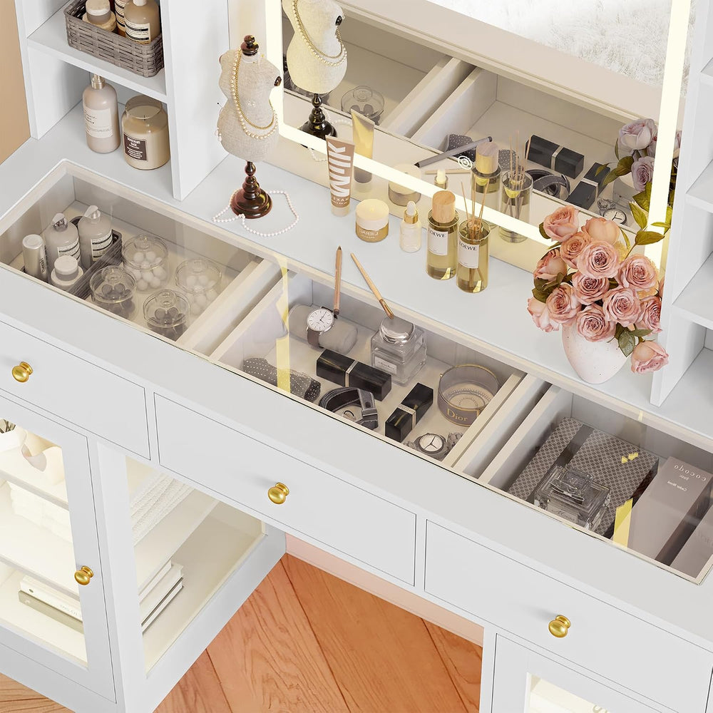 Makeup Vanity Desk with Mirror and Lights, 43" White Vanity with Glass T...