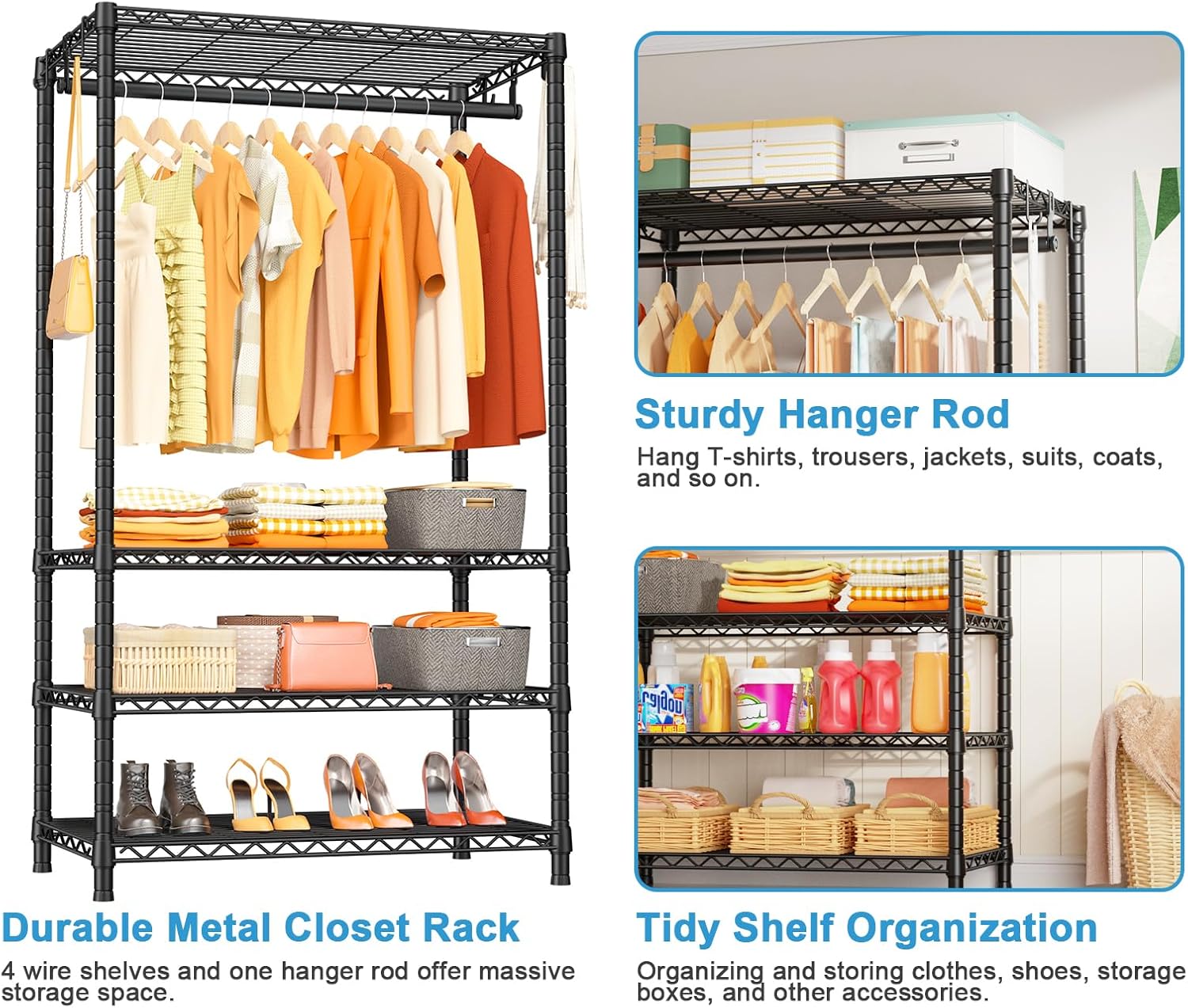 Ulif H4 Portable Closets, 4-Tier Metal Clothes Garment Rack for Bedroom and Cloakroom, Clothing Closet Storage and Organizer Wardrobe, 35.4" W x 14" D x 76.4" H, Black