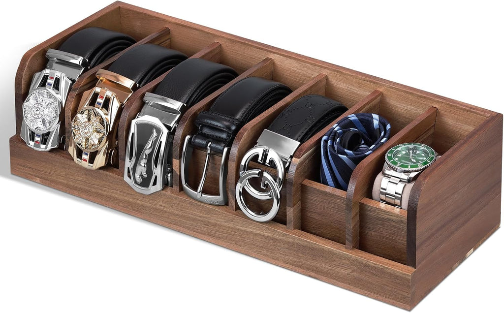 Belt organizer, 7 compartment belt holder belt hanger closet and belt organizer for drawer,belt rack, belt storage organizer, belt hangers for men and women (Acacia wood)