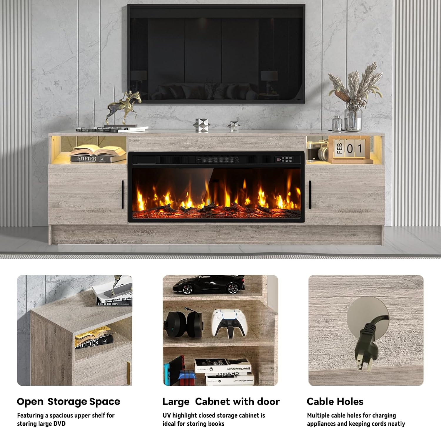 Kucreiheat TV Stand with Fireplace, Led Lights-Entertainment Center for Up to 80 inch TV-Modern TV Console for Living Room with Storage Cabinet, Faux Log Fireplace TV Stand, Oak Grey