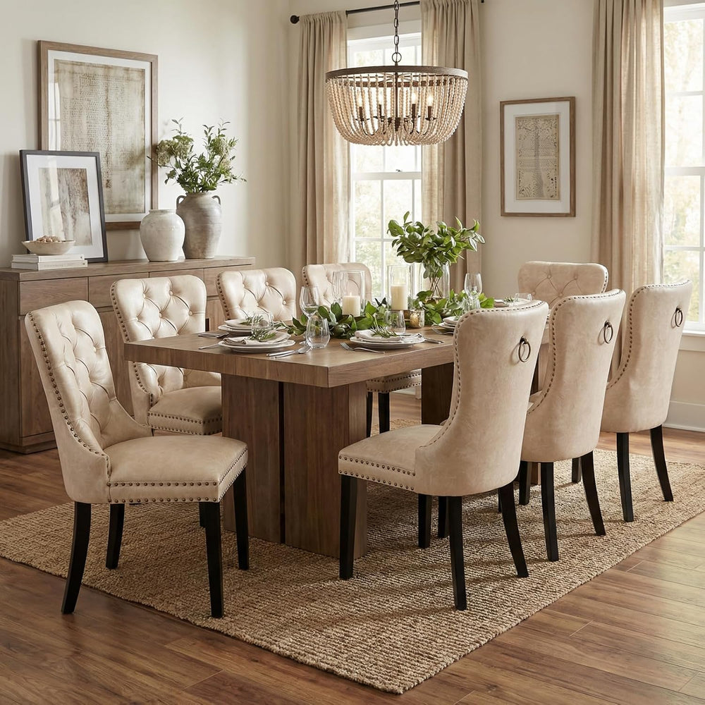 CIMOTA Beige Leather Dining Chairs Set of 8 Mid Century Modern Dining Room Ch...