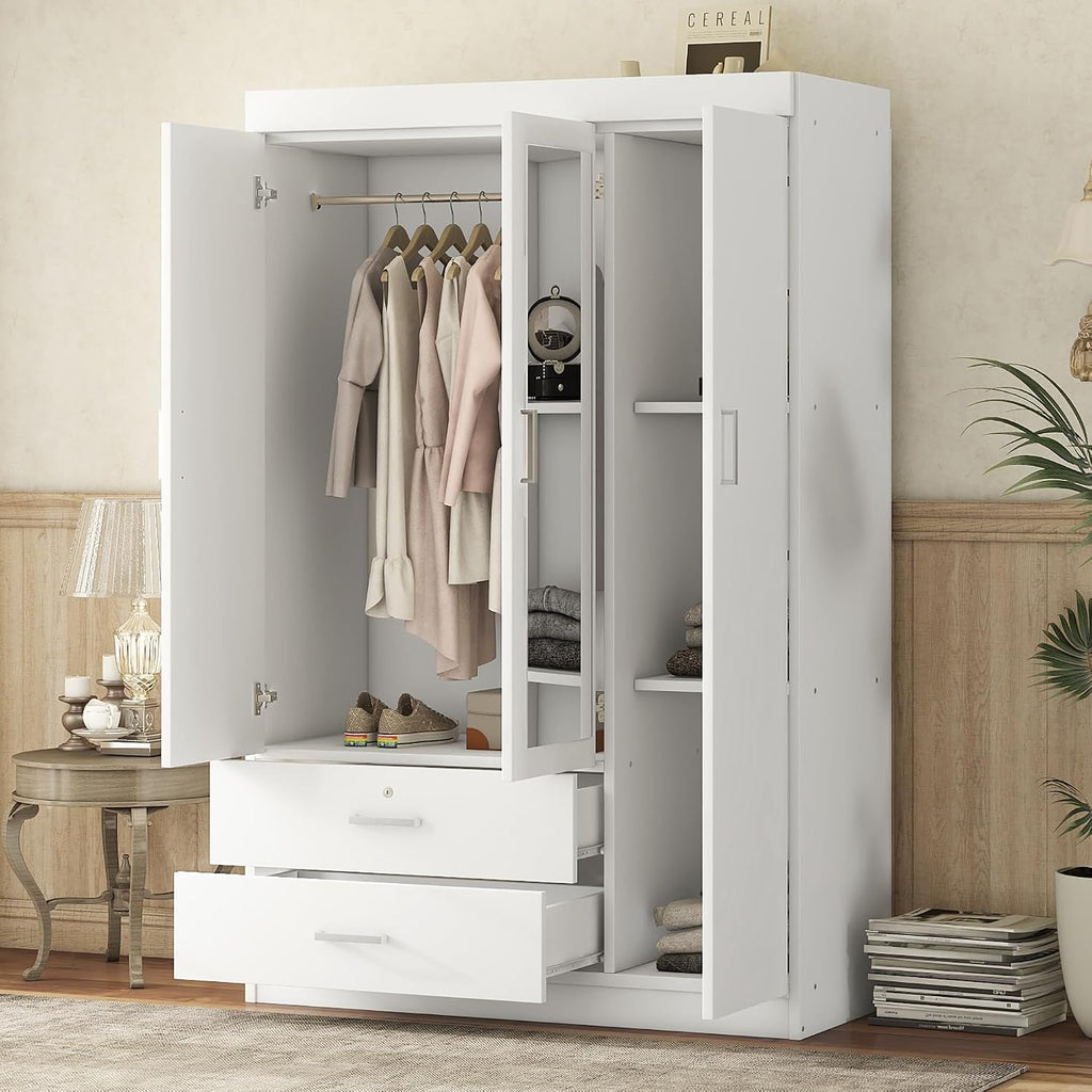 3 Doors Wardrobe Armoire Closet with Mirror, 68.2" H Wooden Freestanding Armoire Wardrobe Closet with Locking Drawers and Shelves, Bedroom Clothes Closets Wardrobes Cabinet with Hanging Rod, White