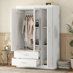 3 Doors Wardrobe Armoire Closet with Mirror, 68.2" H Wooden Freestanding Armoire Wardrobe Closet with Locking Drawers and Shelves, Bedroom Clothes Closets Wardrobes Cabinet with Hanging Rod, White