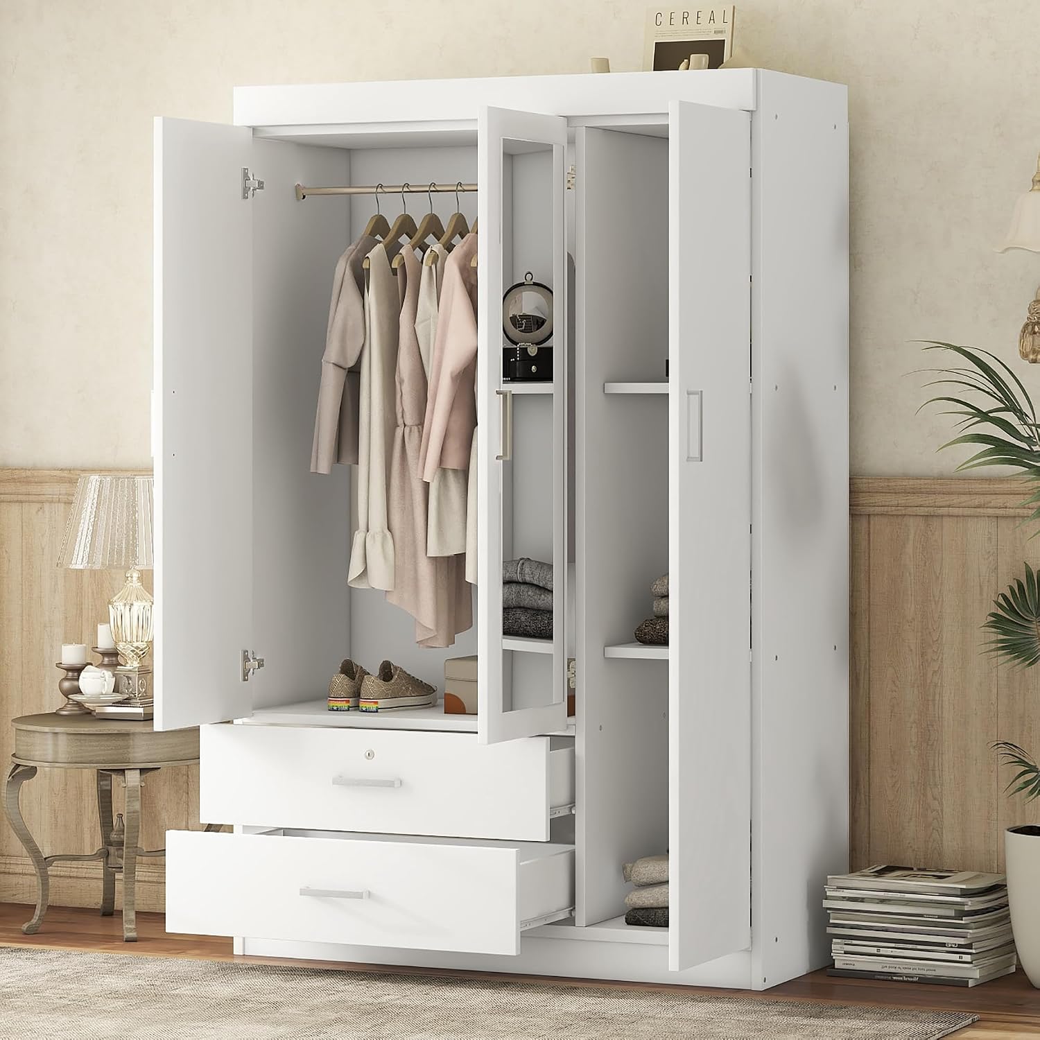 3 Doors Wardrobe Armoire Closet with Mirror, 68.2" H Wooden Freestanding Armoire Wardrobe Closet with Locking Drawers and Shelves, Bedroom Clothes Closets Wardrobes Cabinet with Hanging Rod, White