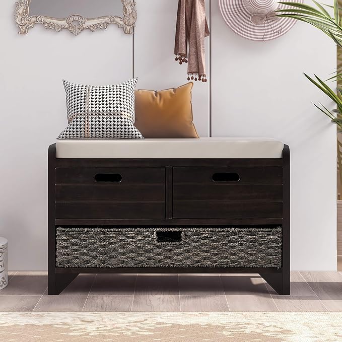 Merax Farmhouse Wood Shoe Bench with Storage and Seat Cushion for Entryway Hallway Front Door Espresso
