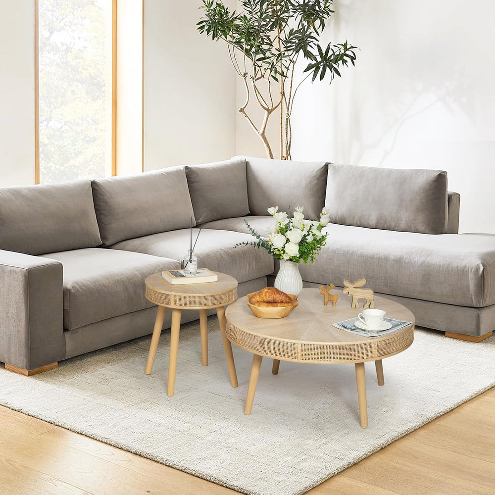 Wnutrees Farmhouse Round Coffee Table, Rustic Sofa Side Tea Set, Natural | 2 ...